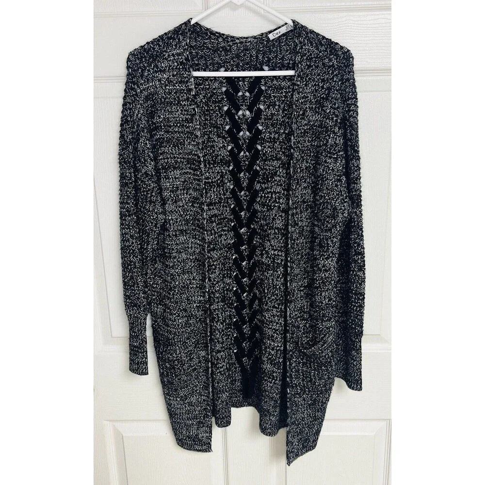 Women’s “Dex” Open Front Knit Sweater Cardigan Size Small Black White Pockets